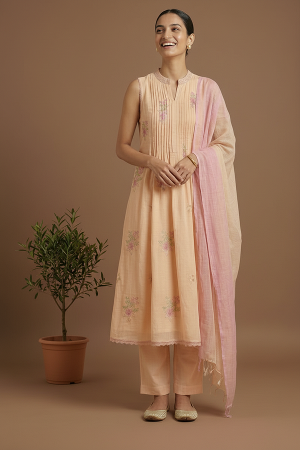 Peach Madhulika Mul cotton A line Suit Set