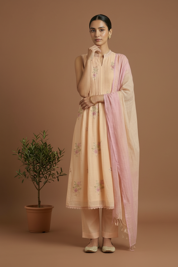 Peach Madhulika Mul cotton A line Suit Set