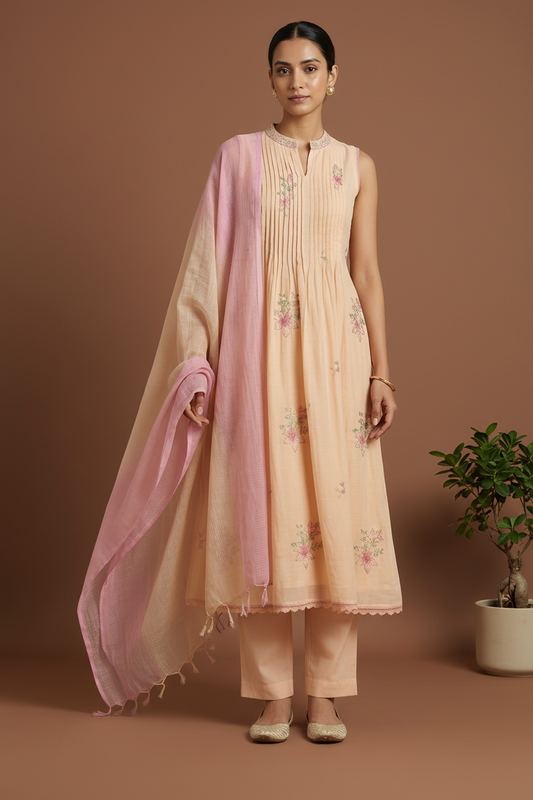 Premium Peach Madhulika Mul Cotton A-Line Suit Set for Festive Wear