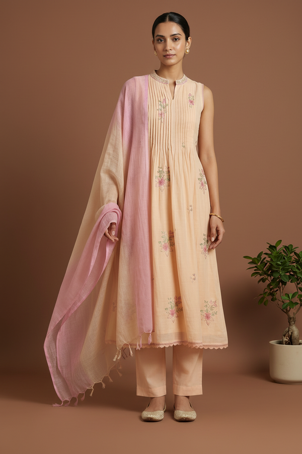 Peach Madhulika Mul cotton A line Suit Set