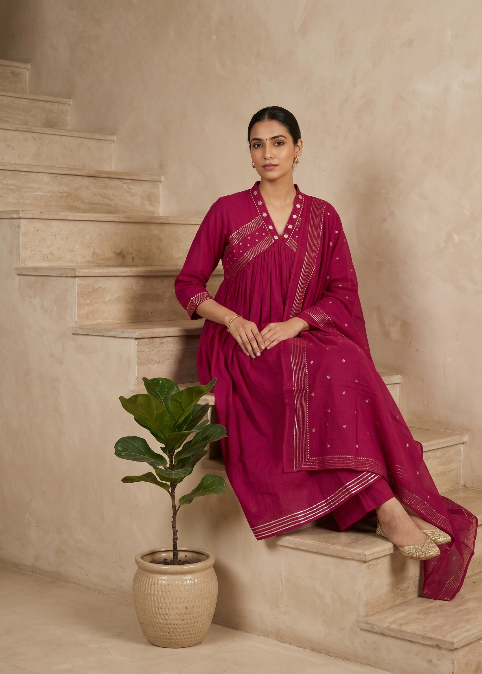 Magenta Komal Anarkali Suit Set with dupatta showcasing graceful ethnic fashion for women