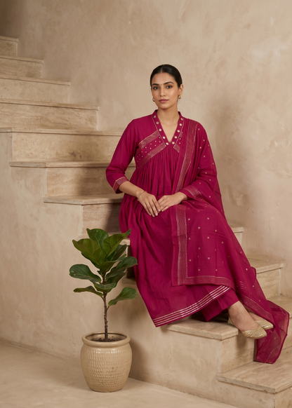 Magenta Komal Anarkali Suit Set with dupatta showcasing graceful ethnic fashion for women