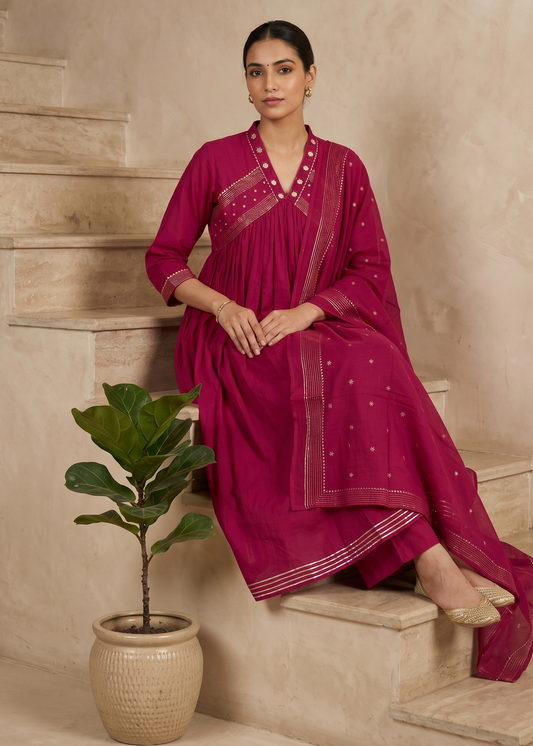 Magenta Komal Anarkali Suit Set with dupatta showcasing graceful ethnic fashion for women