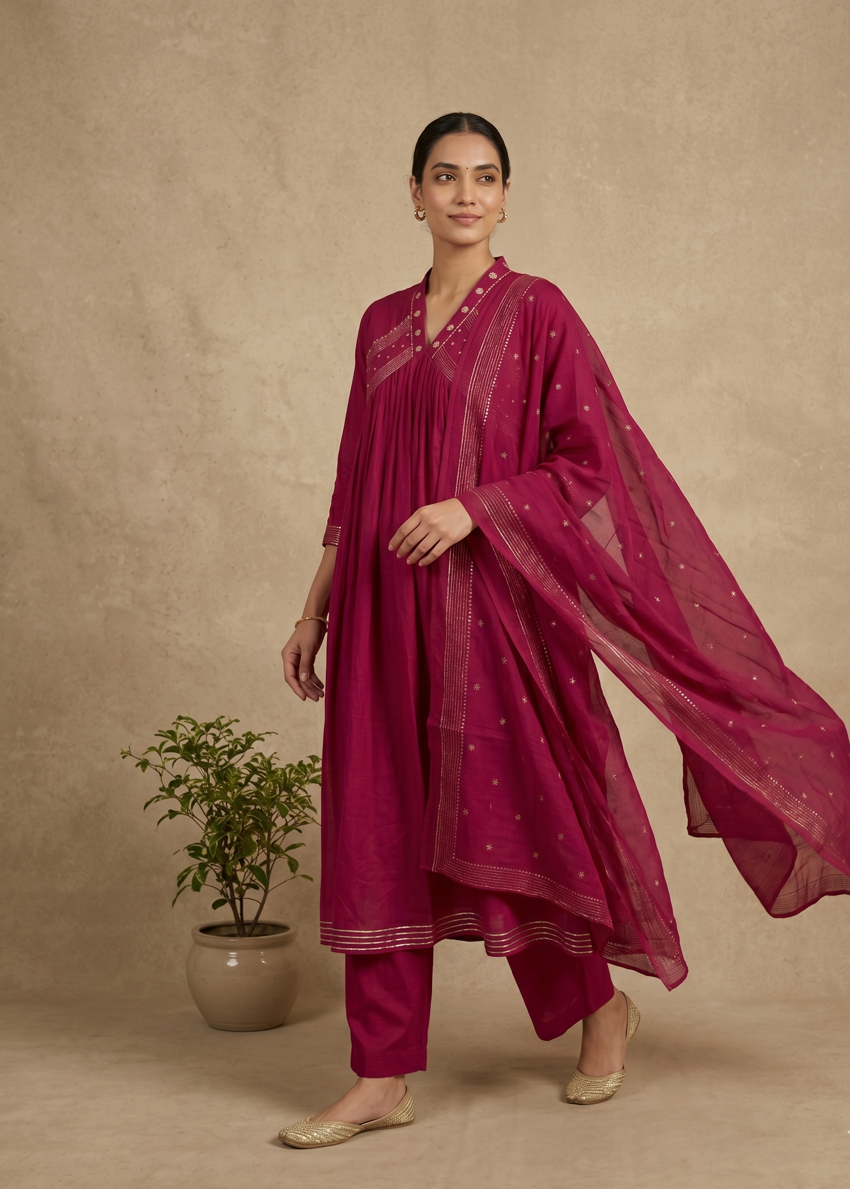 Beautiful magenta Anarkali suit set with matching dupatta for festivals and celebrations