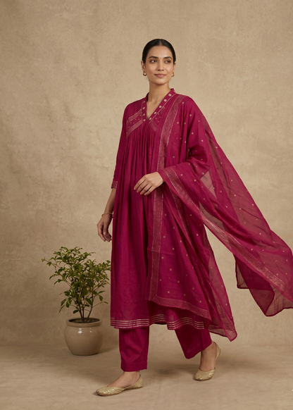 Beautiful magenta Anarkali suit set with matching dupatta for festivals and celebrations
