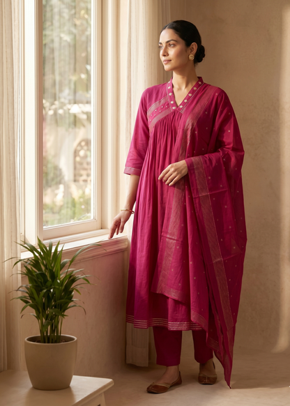 Women's ethnic Magenta Komal Anarkali Suit Set with dupatta for weddings and festive events