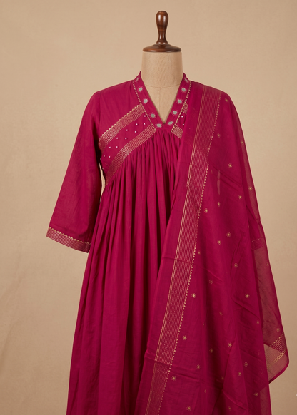 Magenta Komal Anarkali Suit Set with Dupatta for women, featuring a flowing silhouette, elegant ethnic style, and festive-ready appeal