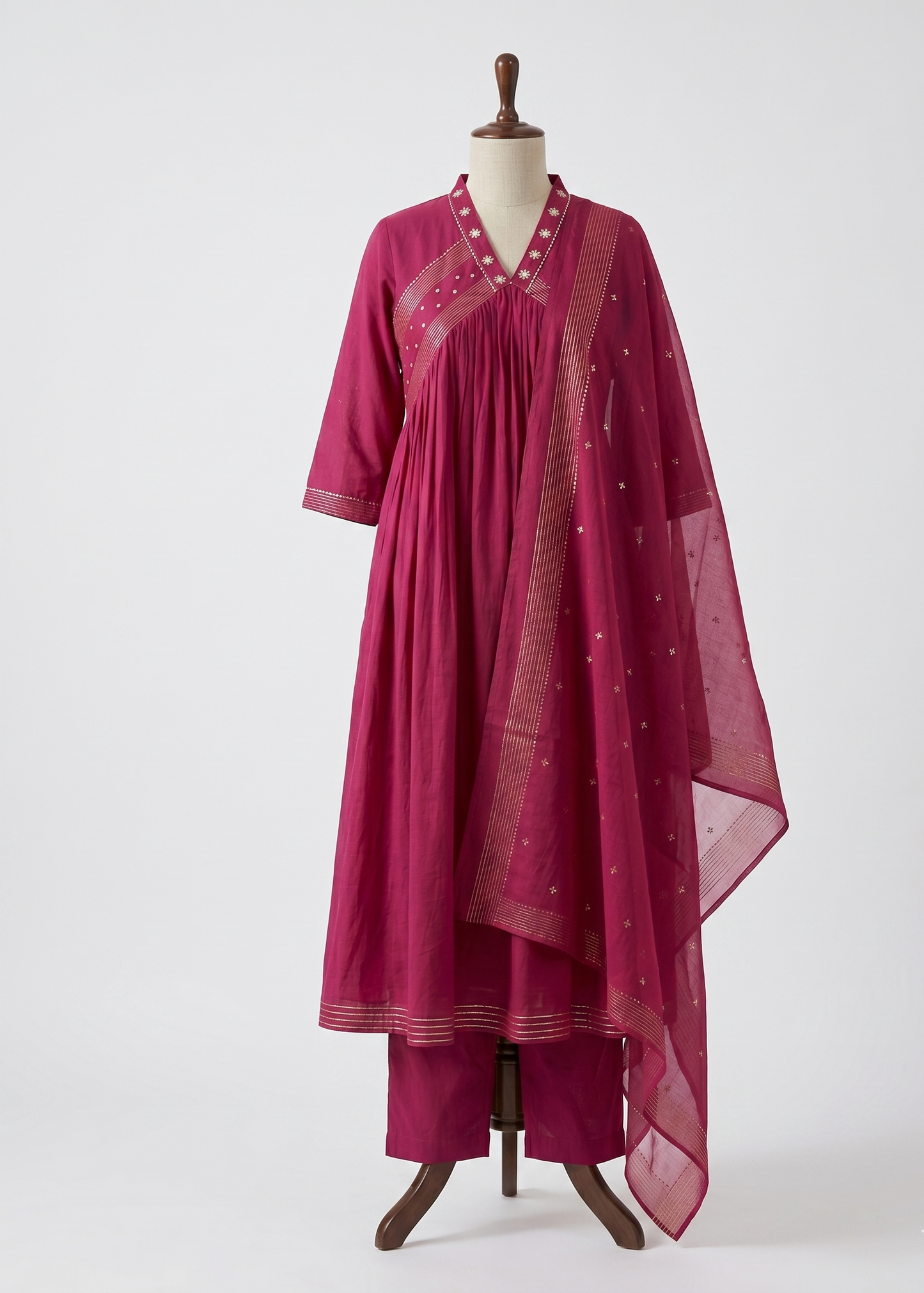 Front view of Magenta Komal Anarkali Suit Set with dupatta in a flowy ethnic silhouette