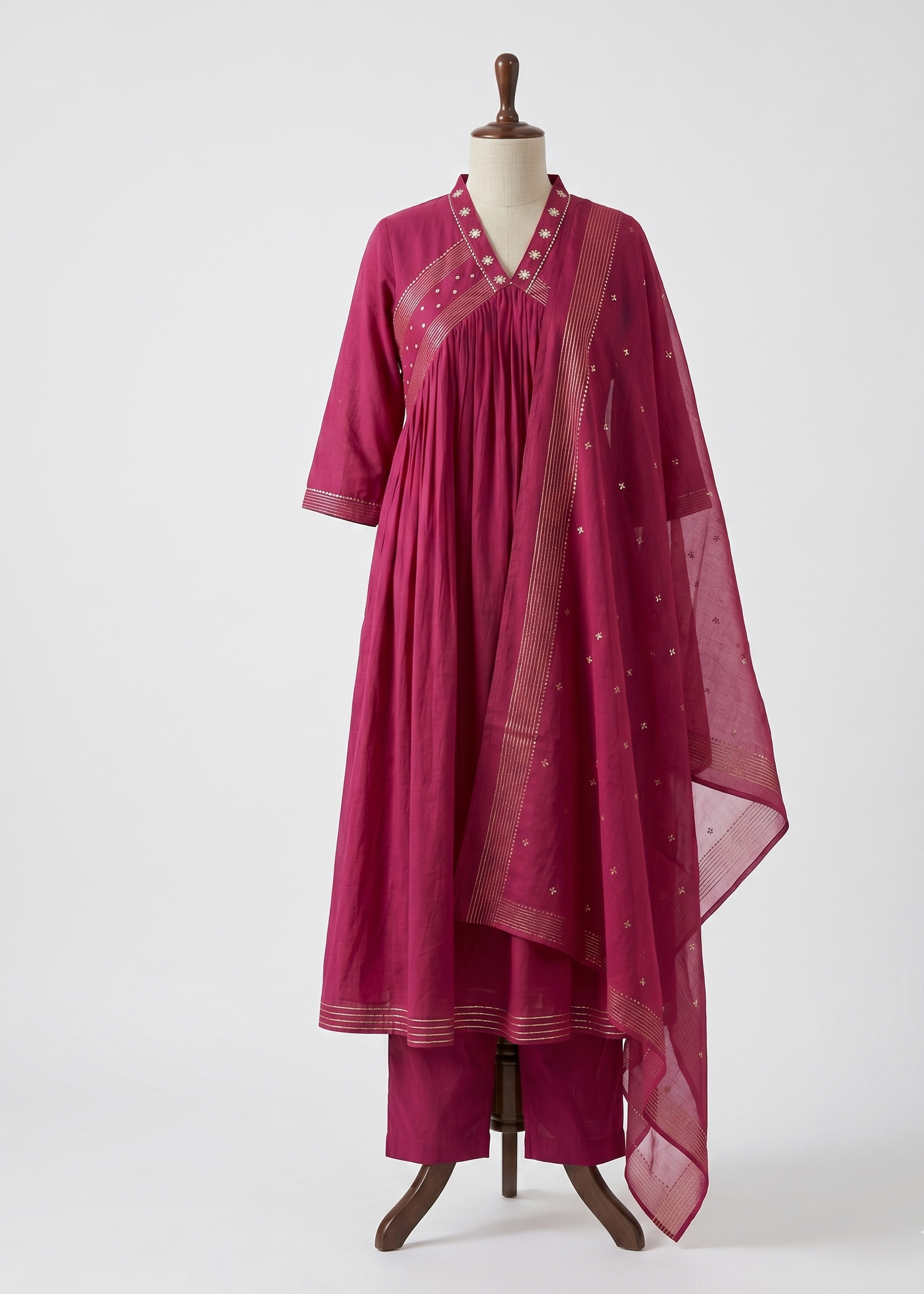 Front view of Magenta Komal Anarkali Suit Set with dupatta in a flowy ethnic silhouette