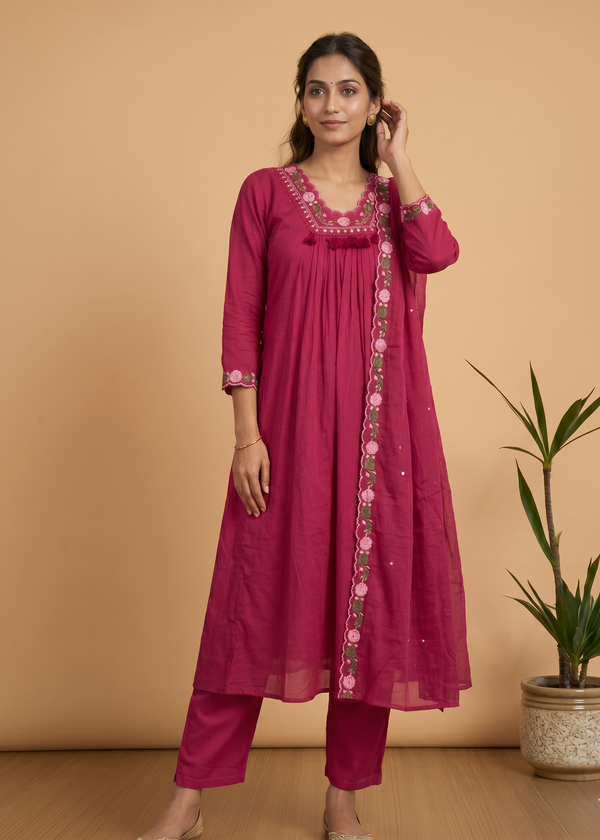 Magenta Suneri A Line Cotton suit set