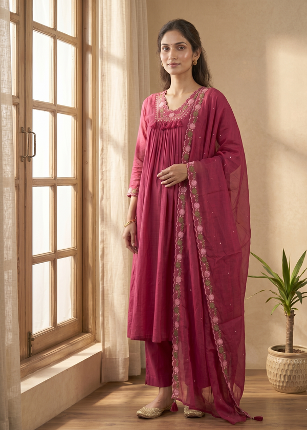 Magenta Suneri A Line Cotton suit set