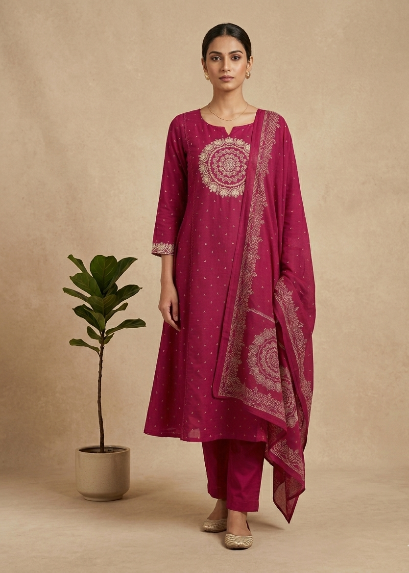 Magenta Varma Mul cotton A line Suit set - Set of 3
