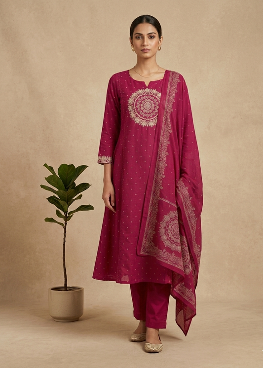 Magenta Varma Mul cotton A line Suit set - Set of 3