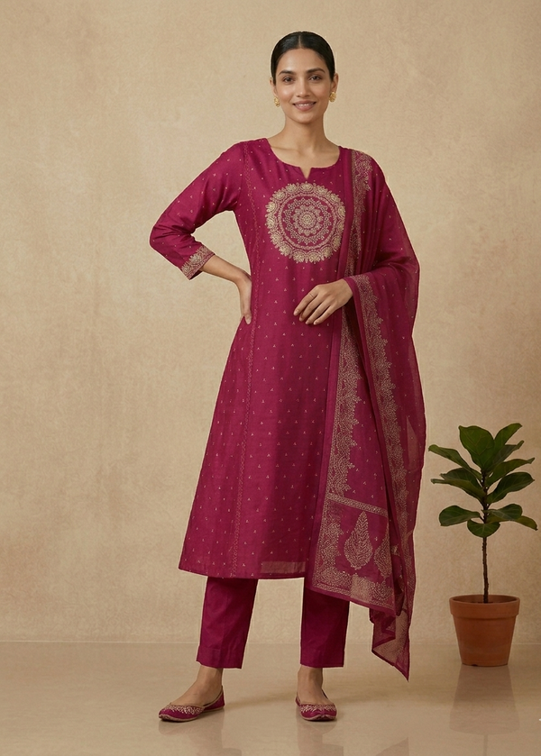 Magenta Varma Mul cotton A line Suit set - Set of 3