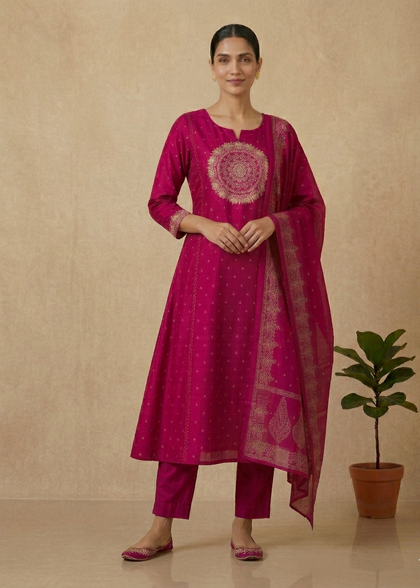 Magenta Varma Mul cotton A line Suit set - Set of 3