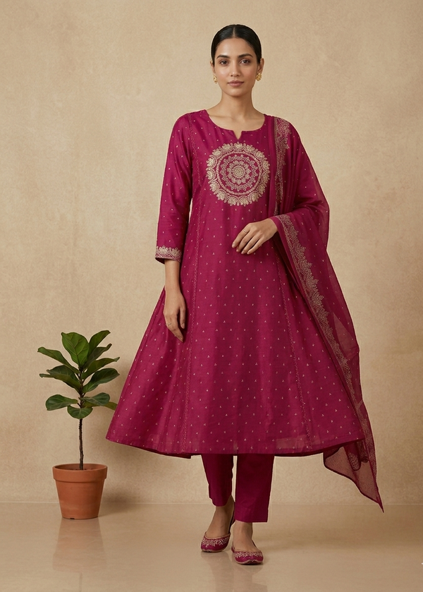 Magenta Varma Mul cotton A line Suit set - Set of 3