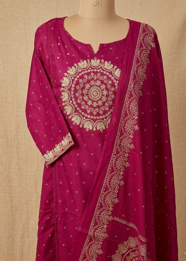Magenta Varma Mul cotton A line Suit set - Set of 3