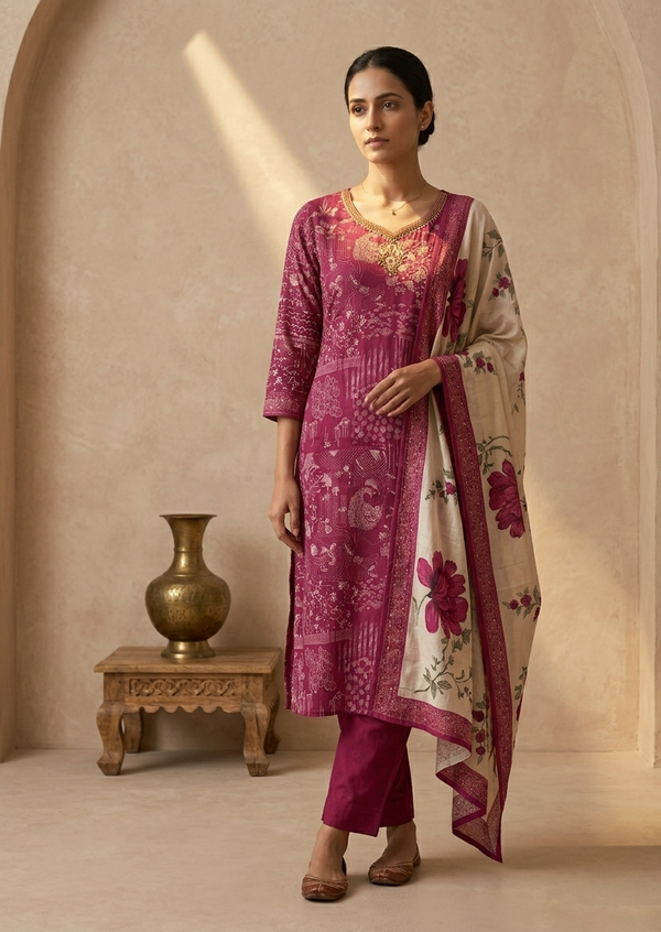 Magenta Vasudha Crepe silk Suit set