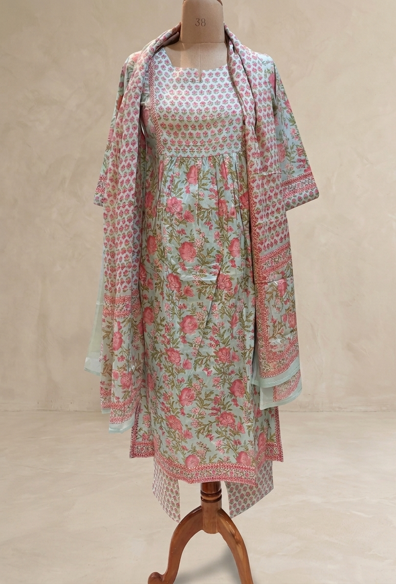Pista Green Jasmine Floral Nyra cut Cotton suit set