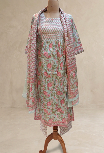 Pista Green Jasmine Floral Nyra cut Cotton suit set