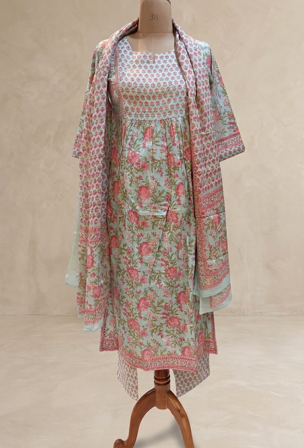 Pista Green Jasmine Floral Nyra cut Cotton suit set