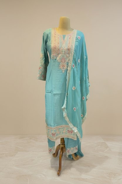 Sky Blue Rosie Straight Suit Set With Duppata