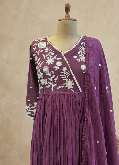 Wine Mul cotton Anarkali Suit Set With Duppata