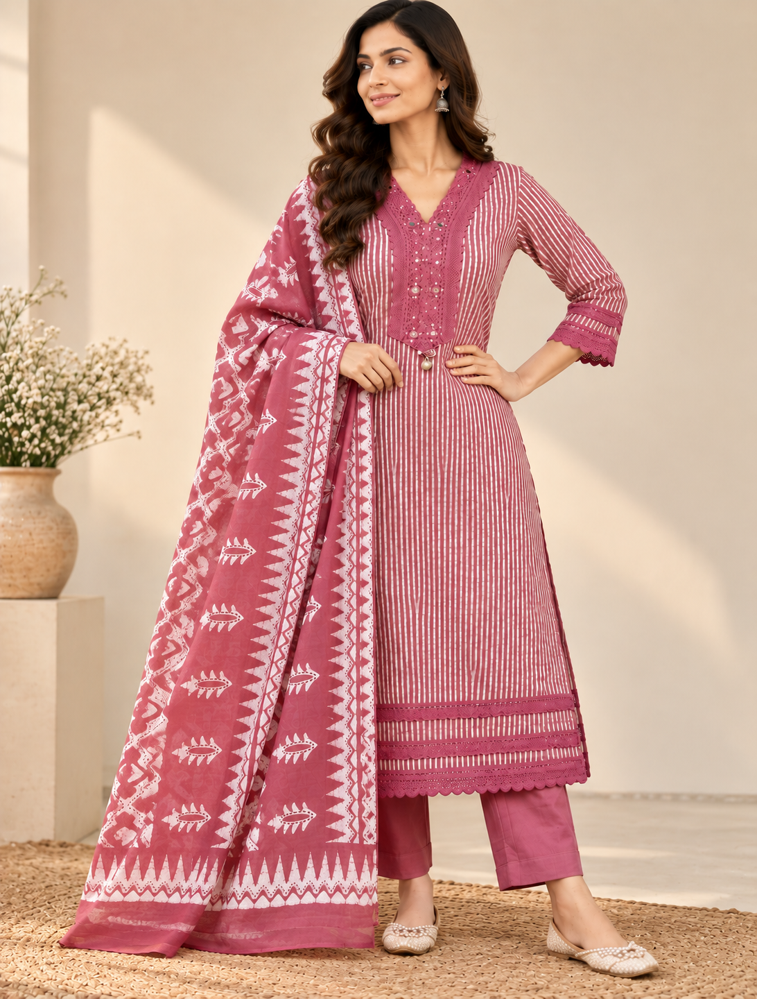Pink Laya Shibori Cotton Suit set - Set of 3