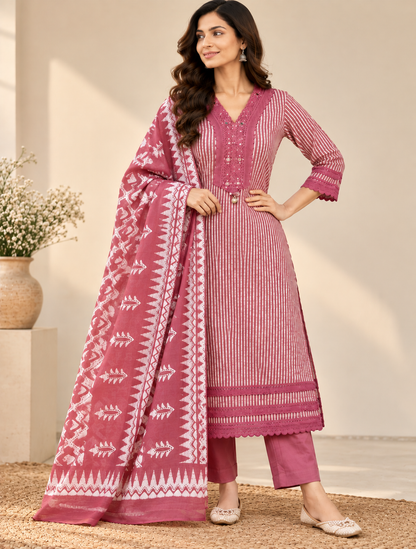 Pink Laya Shibori Cotton Suit set - Set of 3