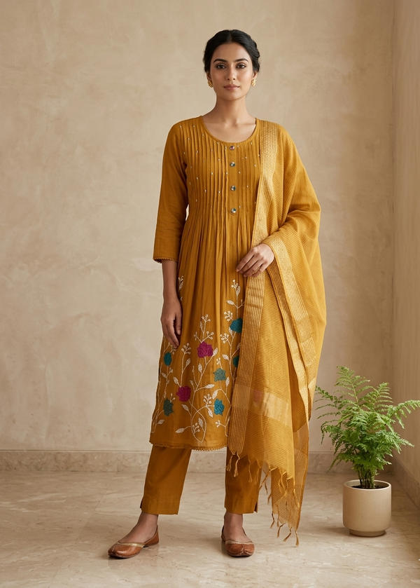 Metallic Gold Saras Mulchanderi A line Suit  - Set of 3