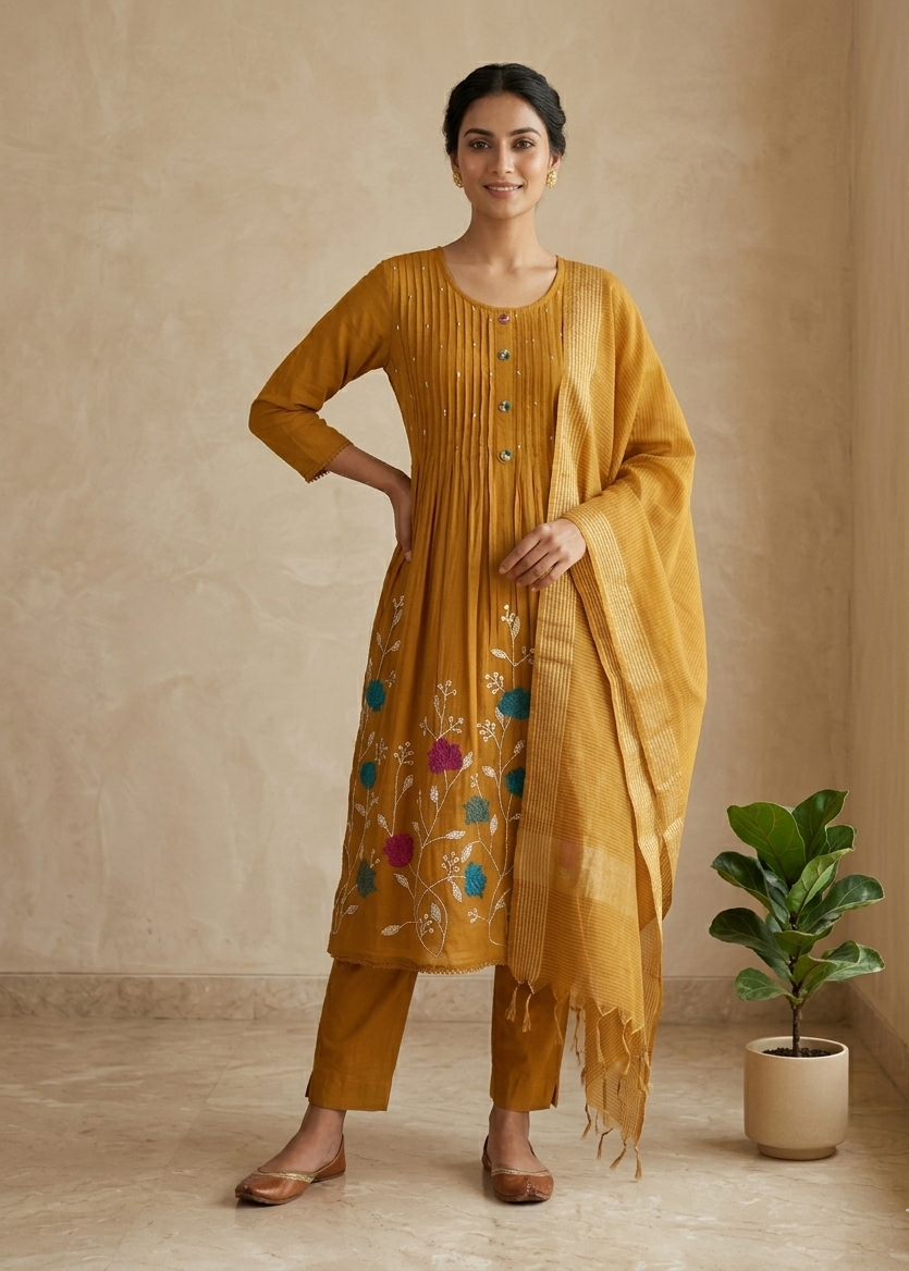 Metallic Gold Saras Mulchanderi A line Suit  - Set of 3