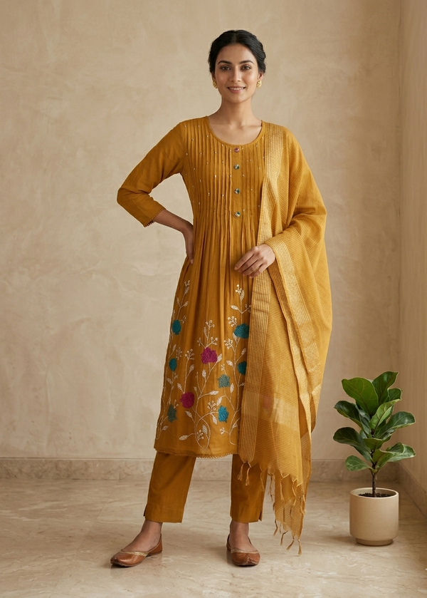 Metallic Gold Saras Mulchanderi A line Suit  - Set of 3