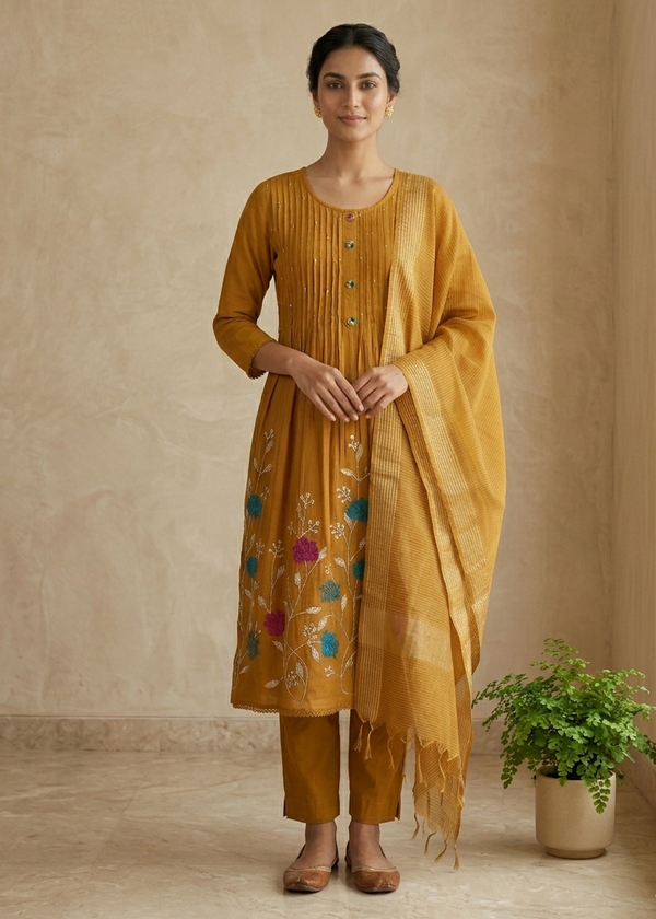 Metallic Gold Saras Mulchanderi A line Suit  - Set of 3