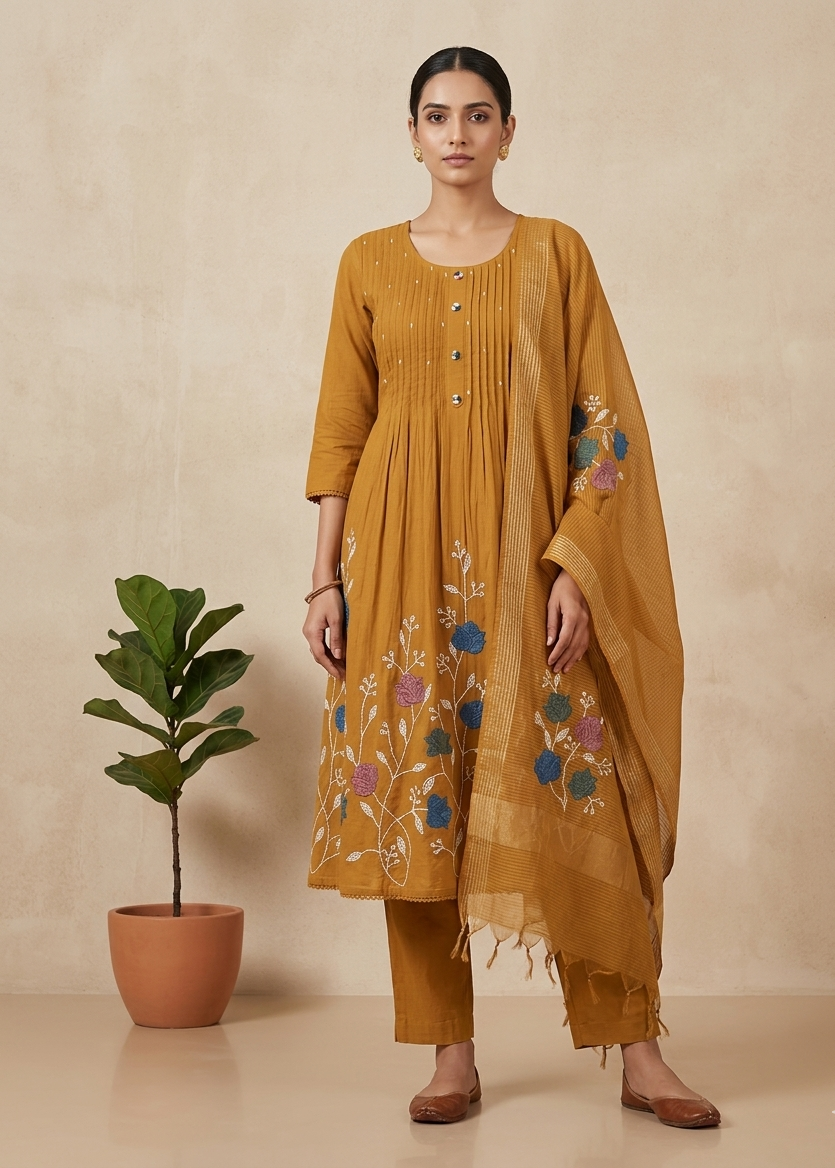 Metallic Gold Saras Mulchanderi A line Suit  - Set of 3
