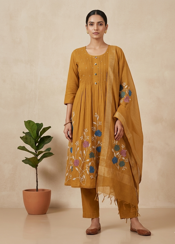 Metallic Gold Saras Mulchanderi A line Suit  - Set of 3