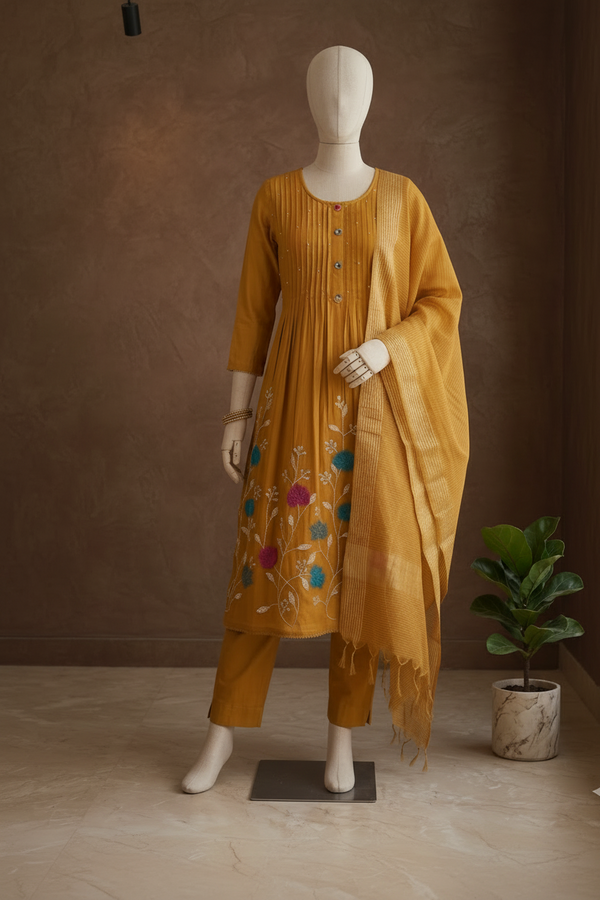 Metallic Gold Saras Mulchanderi A line Suit  - Set of 3