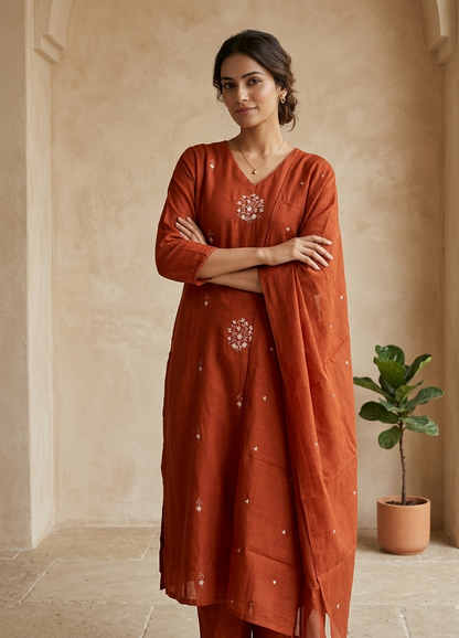 Mirha Rust Orange Mul chanderi Straight Suit Set With Duppata