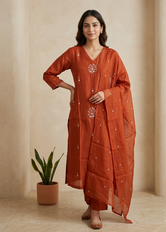 Mirha Rust Orange Mul chanderi Straight Suit Set With Duppata