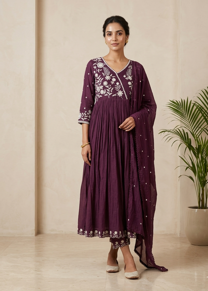 Wine Mul cotton Anarkali Suit Set With Duppata