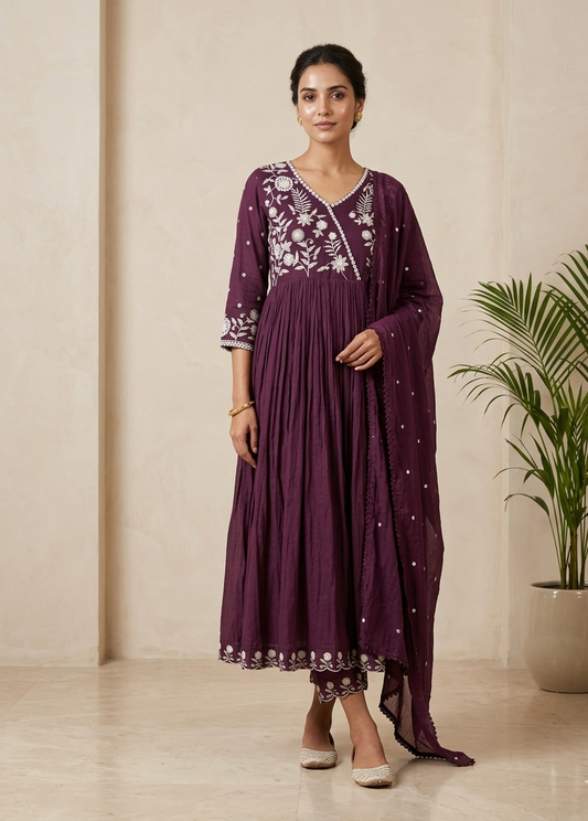 Wine Mul cotton Anarkali Suit Set With Duppata