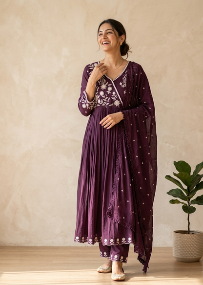 Wine Mul cotton Anarkali Suit Set With Duppata