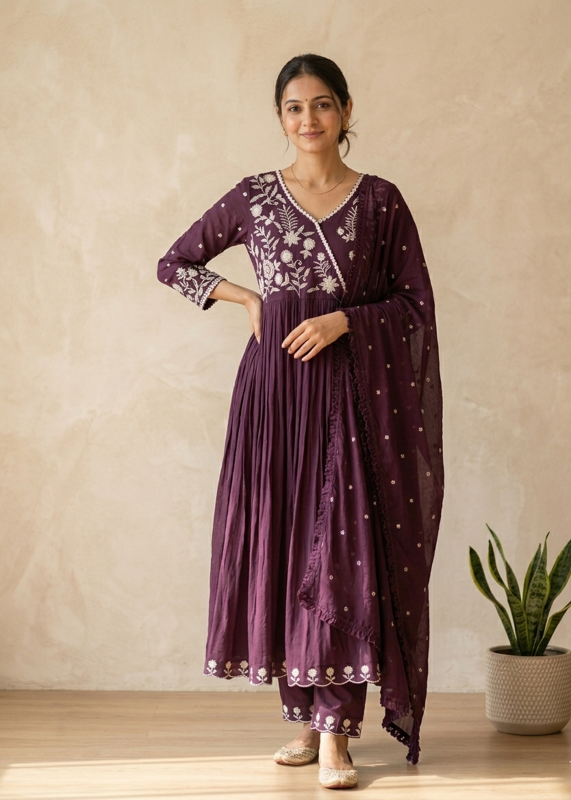 Wine Mul cotton Anarkali Suit Set With Duppata