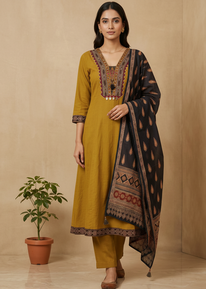 Mustard Green Aza Cotton Anarkali - Set of 3