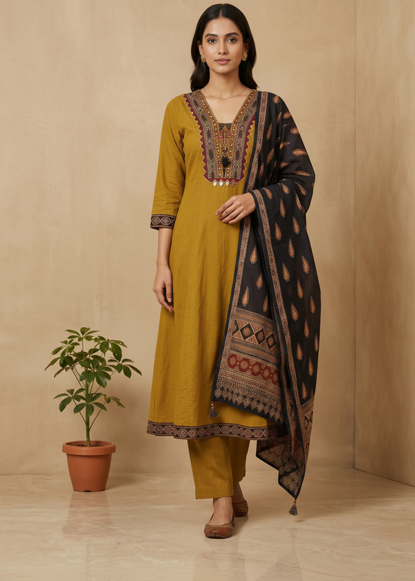 Mustard Green Aza Cotton Anarkali - Set of 3