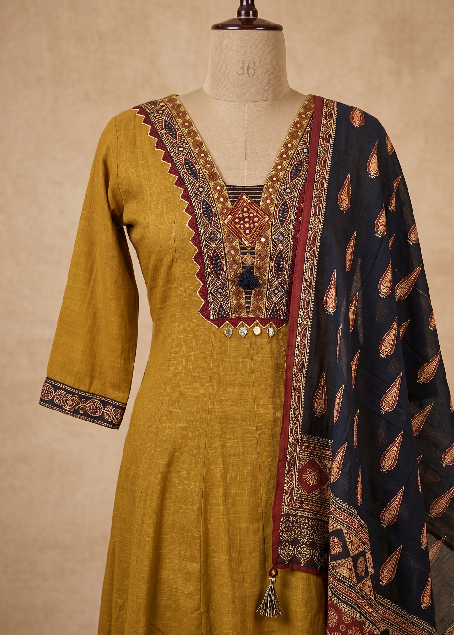 Mustard Green Aza Cotton Anarkali - Set of 3