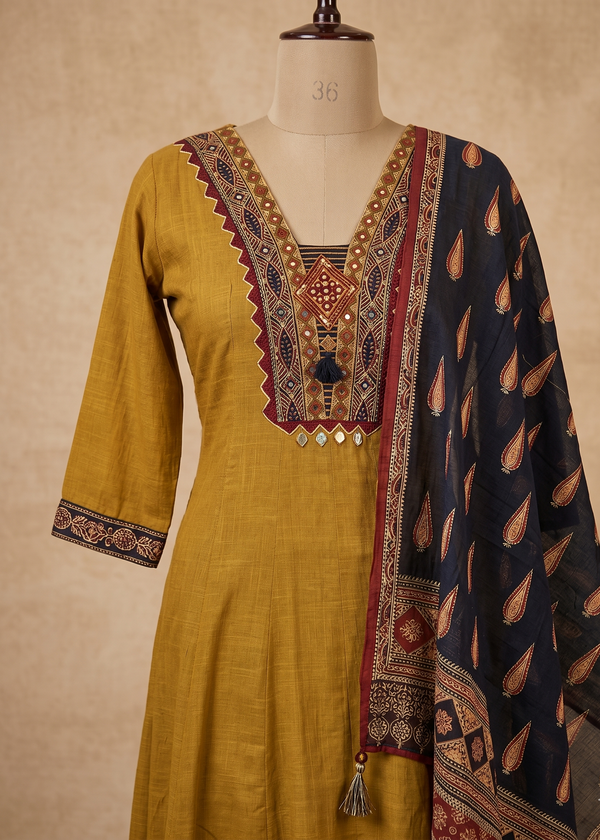 Mustard Green Aza Cotton Anarkali - Set of 3