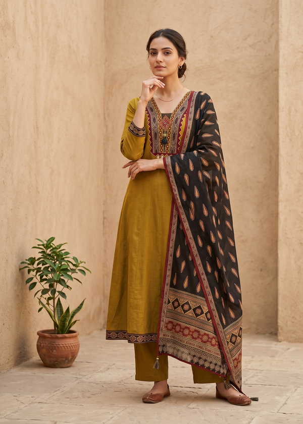 Mustard Green Aza Cotton Anarkali - Set of 3