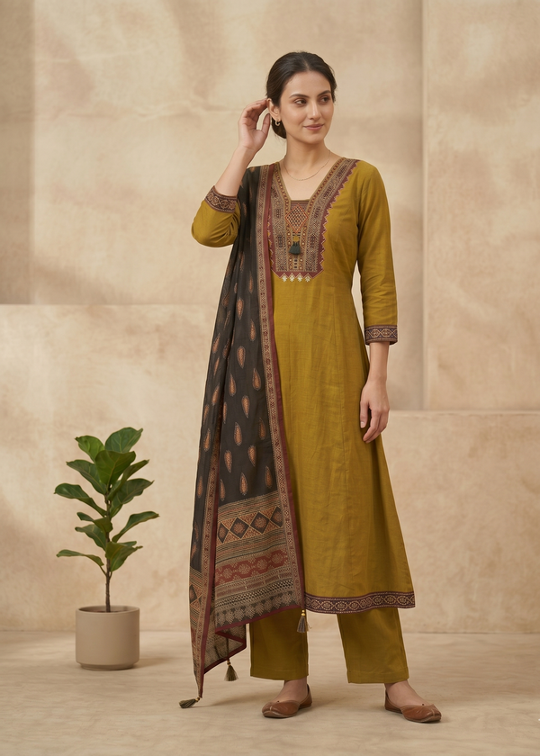 Mustard Green Aza Cotton Anarkali - Set of 3