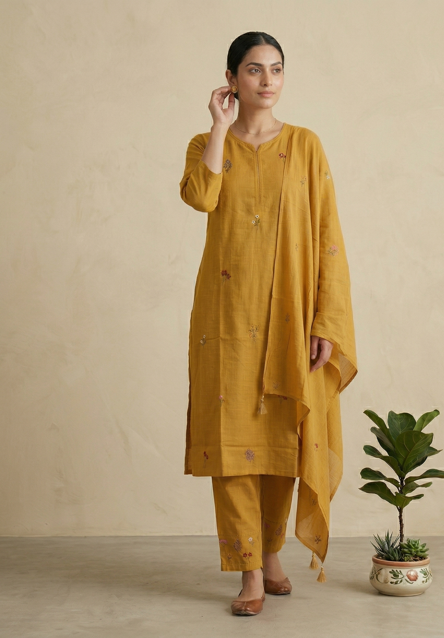 Mustard Kesar Slub Cotton Suit set