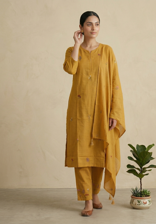Mustard Kesar Slub Cotton Suit set